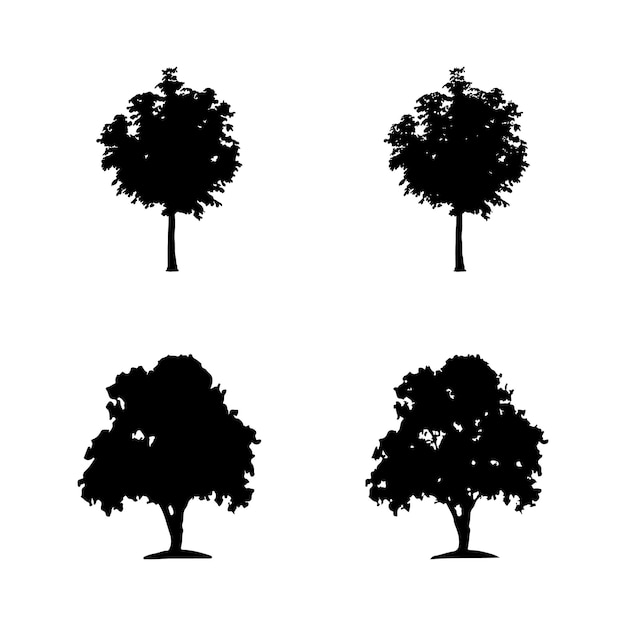 Vector de silueta de árbol. Siluetas de árboles forestales aislados en negro sobre fondo blanco.
