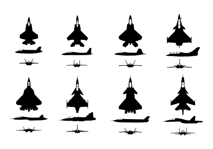 Vector vector de silueta del avión de combate vista superior y delantera