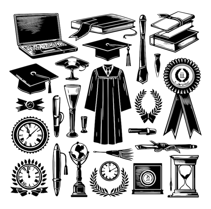 Vector vector de silueta del conjunto de elementos vintage de graduación