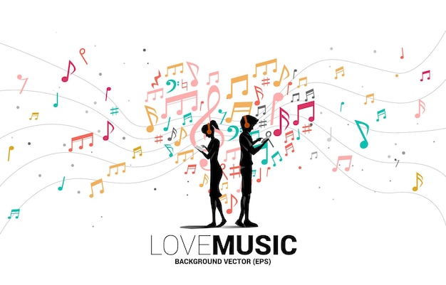 Vector silueta hombre y mujer con teléfono móvil y auriculares y corazón de flujo de baile de nota de melodía de música. antecedentes del concepto de tema de canción y concierto.