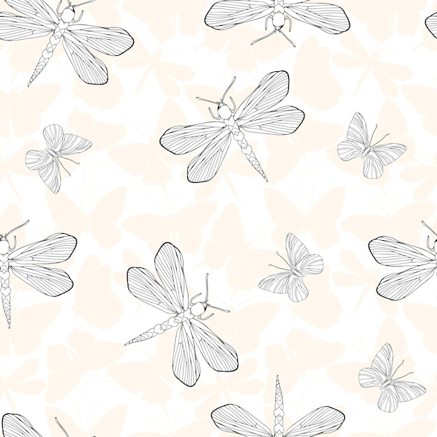 Vector de silueta de libélula con patrón sin costuras fondo para papel tapiz de tela textil libro de recortes Insectos con alas dibujo para diseño de superficie en color pastel