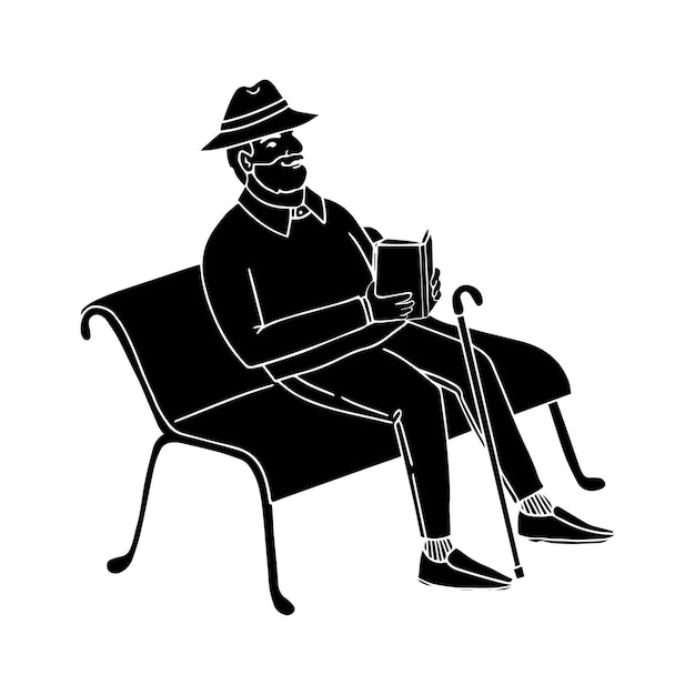 Vector de silueta negra anciano sentado en un banco del parque leyendo un libro aislado en blanco