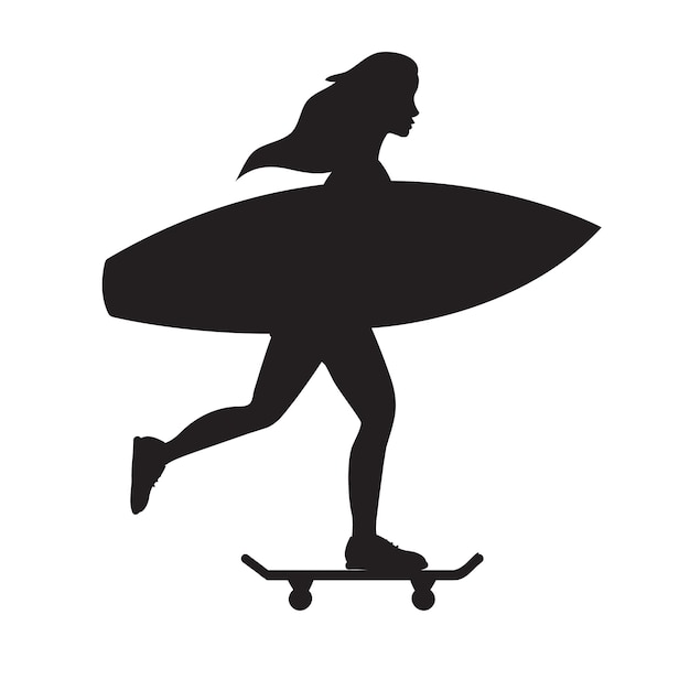 Vector silueta negra de niña con tabla de surf