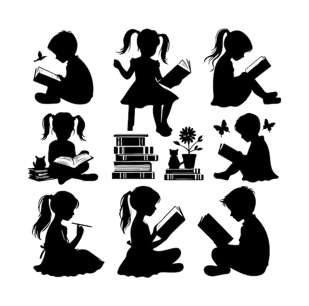 Un vector de silueta de un niño leyendo un libro