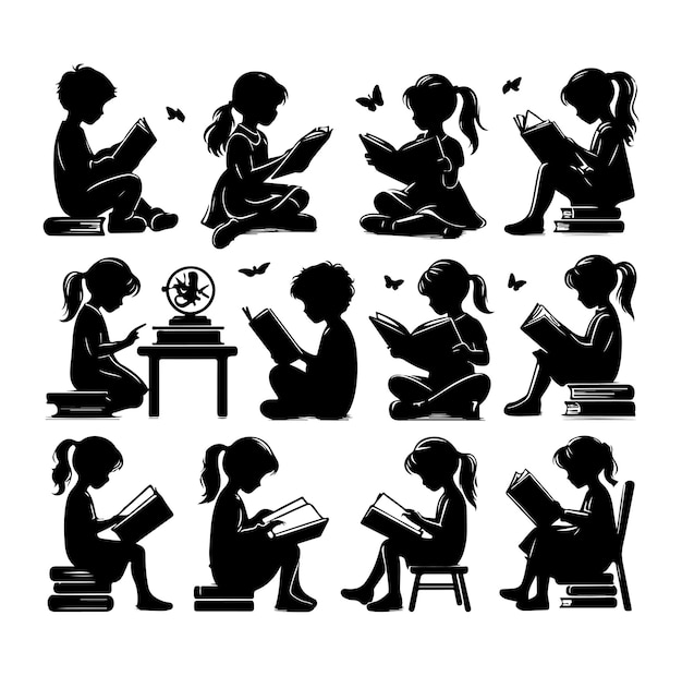 Vector un vector de silueta de un niño leyendo un libro