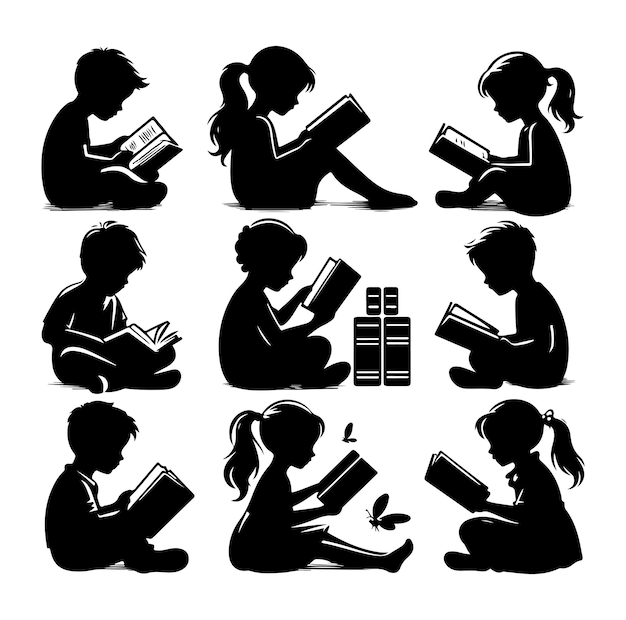 Un vector de silueta de un niño leyendo un libro