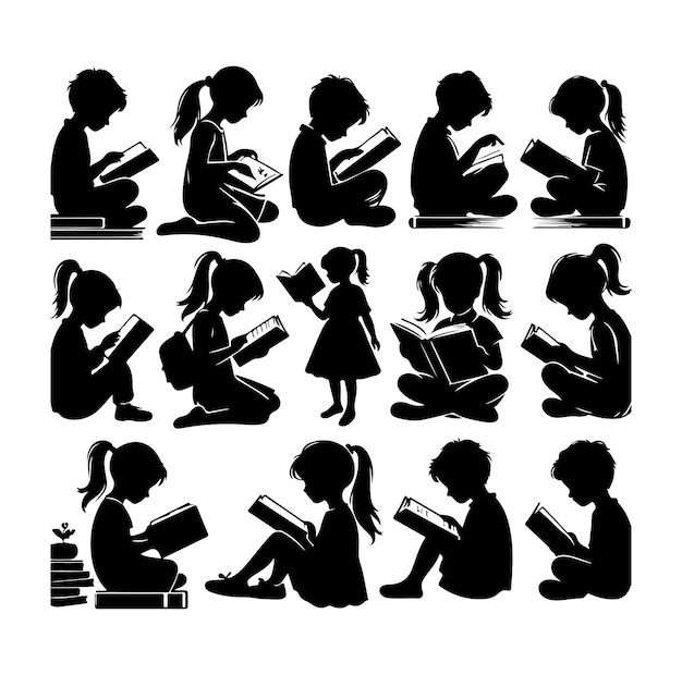 Un vector de silueta de un niño leyendo un libro