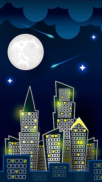 Vector vector de silueta de paisaje de la ciudad de noche sobre fondo de cielo azul oscuro con luna grande. diseño de arte para web, sitio, publicidad, pancarta, póster, volante, folleto, tablero, tarjeta, impresión en papel.