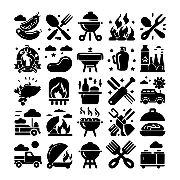 Vector de silueta de paquete de iconos de diseño único de barbacoa con fondo blanco
