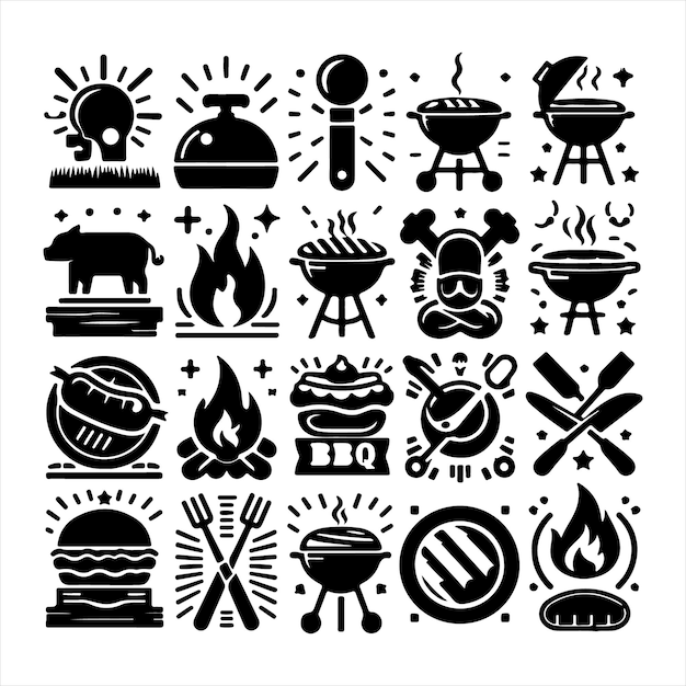 Vector de silueta de paquete de iconos de diseño único de barbacoa con fondo blanco