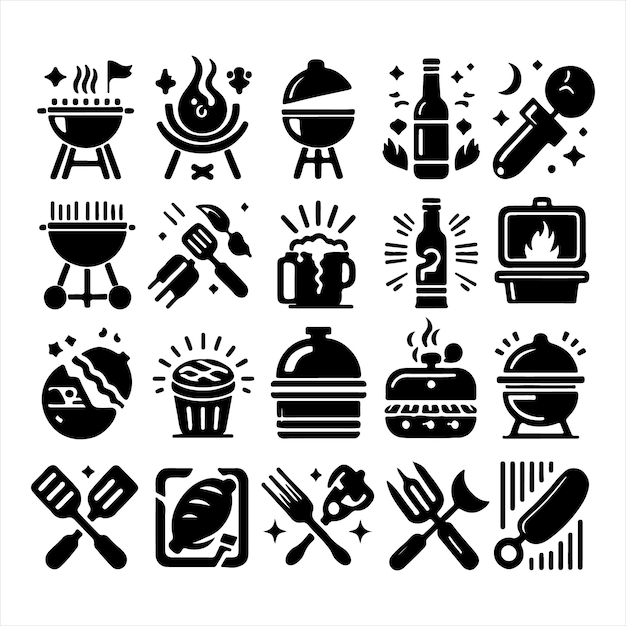 Vector de silueta de paquete de iconos de diseño único de barbacoa con fondo blanco