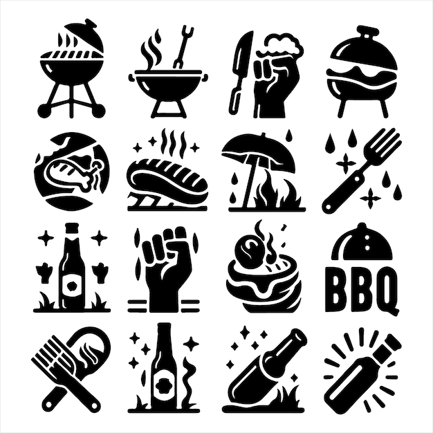 Vector de silueta de paquete de iconos de diseño único de barbacoa con fondo blanco