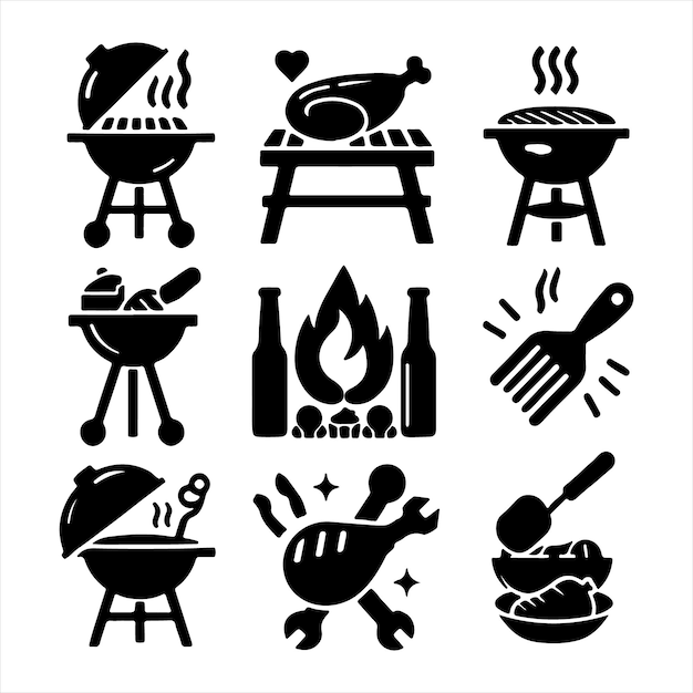Vector de silueta de paquete de iconos de diseño único de barbacoa con fondo blanco