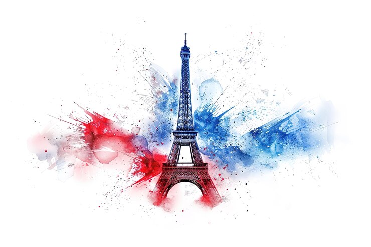 Vector vector silueta de la torre eiffel con la bandera francesa en el horizonte