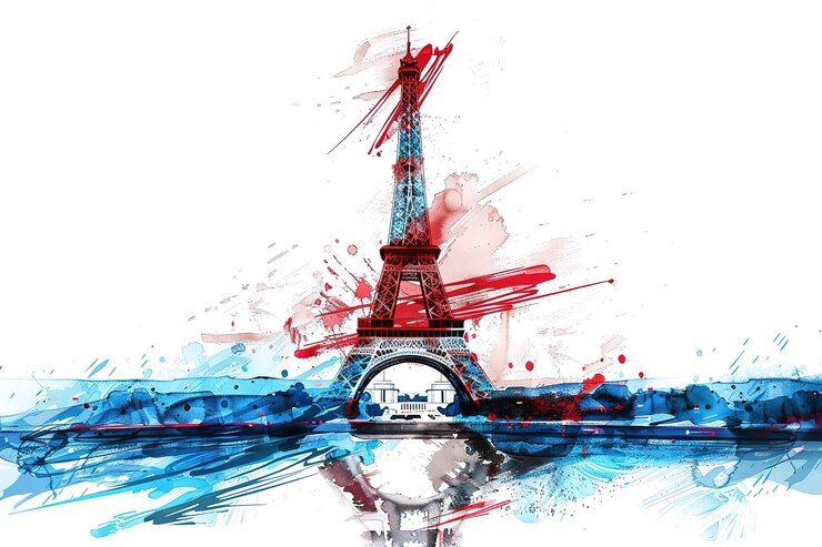 Vector vector silueta de la torre eiffel con la bandera francesa en el horizonte