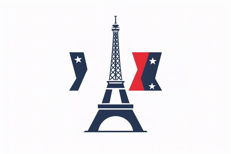 Vector vector silueta de la torre eiffel con la bandera francesa en el horizonte