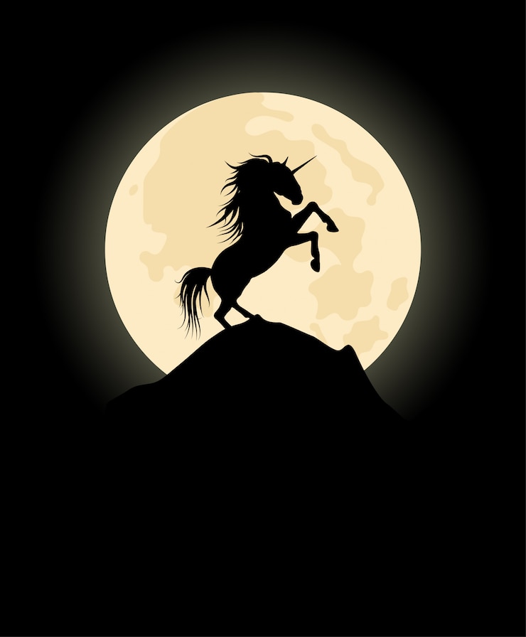 Vector vector silueta de unicornio en el fondo de la luna