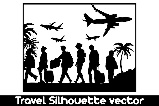 Vector de silueta de viaje con maletas en fondo blanco Silueta de vacaciones Concepto de viaje