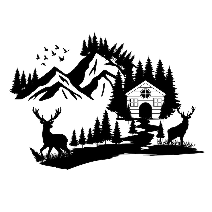 Vector vector siluetas de animales salvajes en la ilustración de vector de bosque de abetos verdes