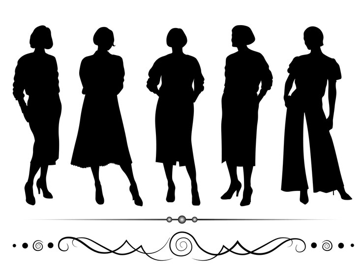 Vector vector, siluetas femeninas, con, separadores, negro, blanco, plano de fondo