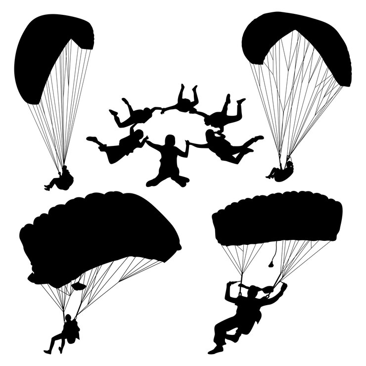 Vector de siluetas de paracaidismo o parapente