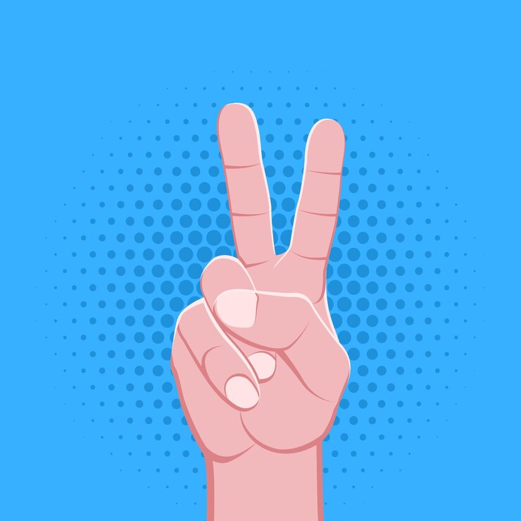 Vector vector simbólico dos dedos masculino puño mano victoria gesto concepto signo vintage ilustración retro diseño de cartel aislado sobre fondo punteado azul