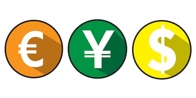 Vector símbolos de divisas más utilizados dólar divisa yuan divisa euro sobre fondo blanco