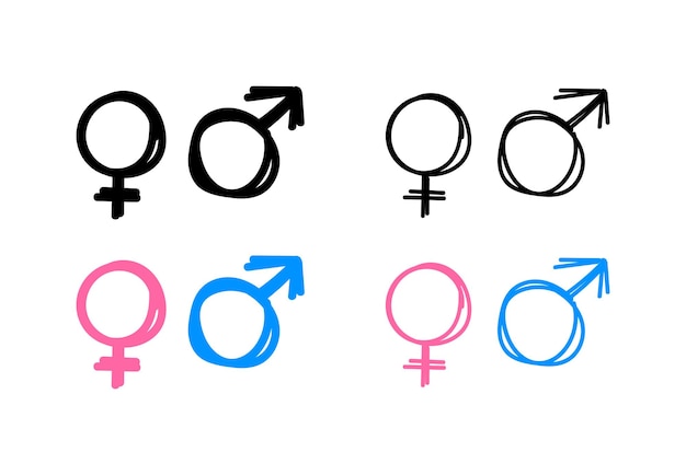 Vector de símbolos de género de Doodle signos femeninos y masculinos dibujados a mano