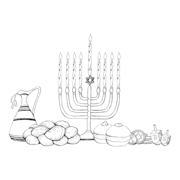 Vector símbolos judíos de Hanukkah ilustración gráfica en blanco y negro con velas de menorá rosquillas