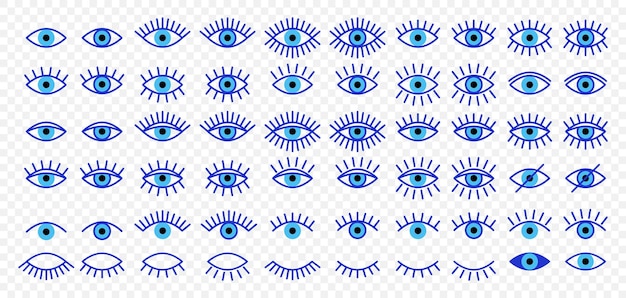 Vector Simple Flat Blue Contorno Iconos de Ojo Malvado Lineal Ojos abiertos Cerrados Imágenes Ojo dormido Formas con pestañas Supervisión y búsqueda Señales Observación y búsqueda Colección de marcas