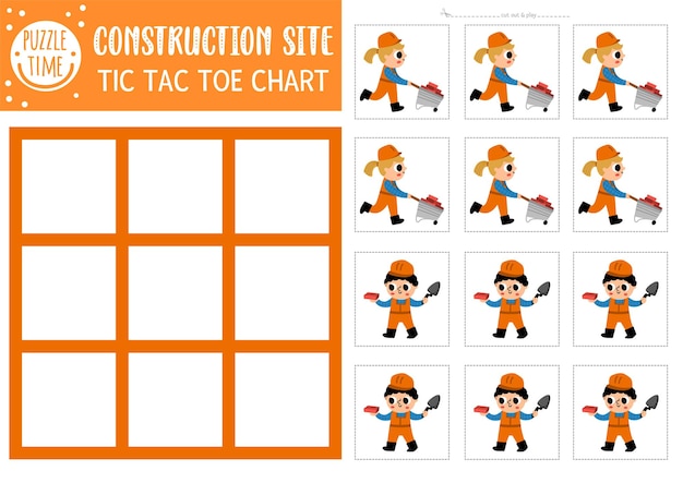 Vector sitio de construcción tic tac toe gráfico con niños y niñas trabajadores construcción trabaja campo de juego de mesa con personaje lindo con carretilla hoja de trabajo imprimible divertida cuadrícula de noughts y cruces xA