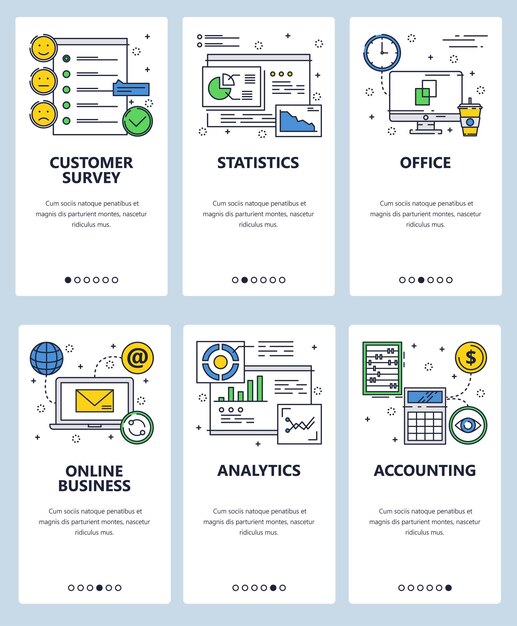 Vector sitio web arte lineal pantallas de incorporación plantilla Finanzas empresariales y análisis encuesta de clientes Menú banners para sitio web y desarrollo de aplicaciones móviles Diseño moderno ilustración plana