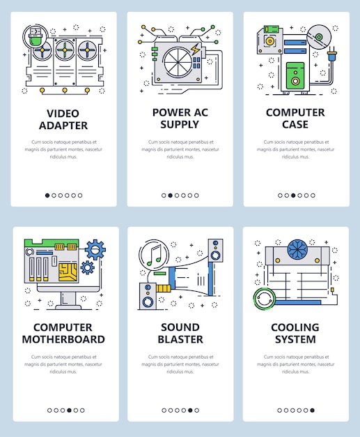 Vector sitio web arte lineal pantallas de incorporación plantilla Sistema de computadora circuito de placa madre y chip Procesador gráfico de video Banner de menú para desarrollo de sitios web y aplicaciones móviles