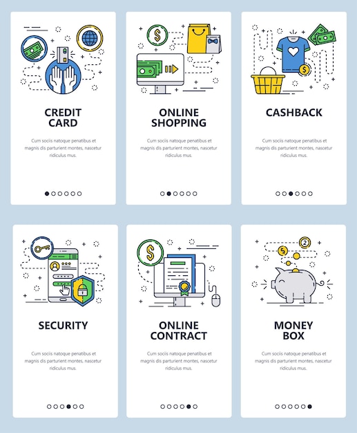 Vector sitio web arte lineal plantillas de pantallas de incorporación Compras en línea y pagos seguros por Internet Devolución de tarjeta de crédito y dinero de cerdo Banner de menú para desarrollo de sitios web y aplicaciones móviles