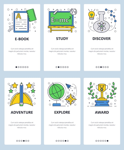 Vector sitio web arte lineal plantillas de pantallas de incorporación Educación escolar y libros electrónicos Aventura y exploración del mundo Menú pancartas para desarrollo de sitios web y aplicaciones móviles