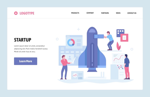 Vector sitio web plantilla de diseño de arte lineal Inicio y lanzamiento de nuevo concepto de negocio Página de aterrizaje para sitio web y desarrollo móvil Ilustración plana moderna