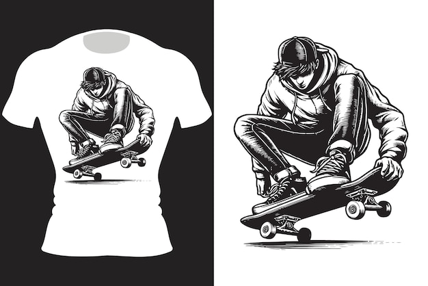 Vector skateboard rider diseño de camiseta de ilustración en blanco y negro Generative Ai