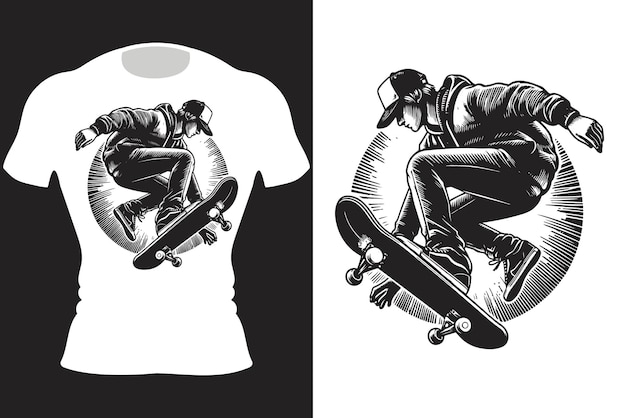 Vector skateboard rider diseño de camiseta de ilustración en blanco y negro Generative Ai