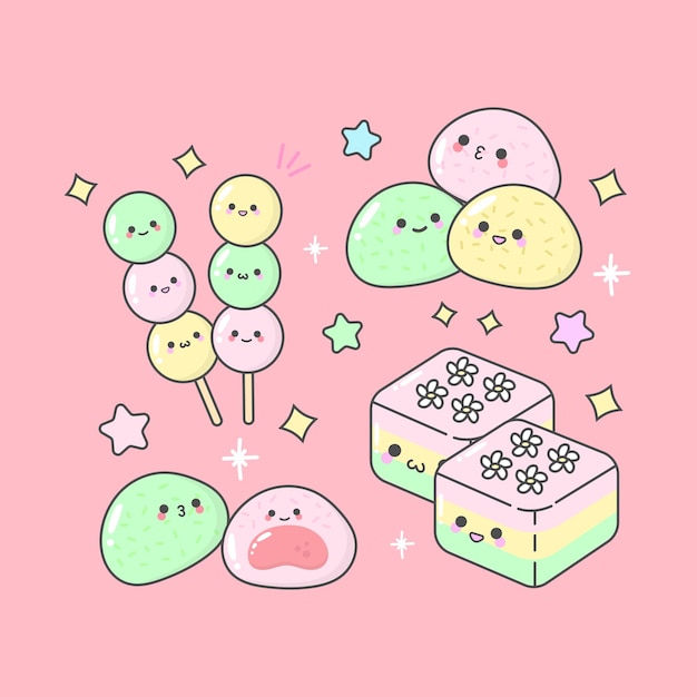 Vector Snack japonés Mochi Dango Pudding con expresiones faciales lindas y color pastel