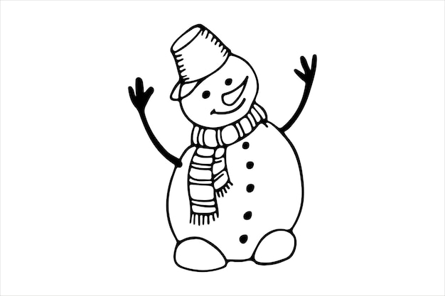 Vector Snowman Doodle Ilustración navideña contorno aislado sobre fondo blanco