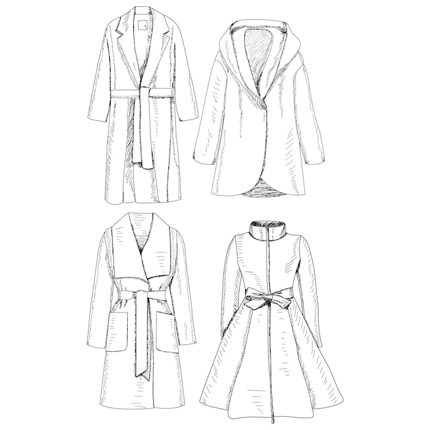 Vector sobre un fondo blanco colección set un boceto de abrigos de mujer de moda