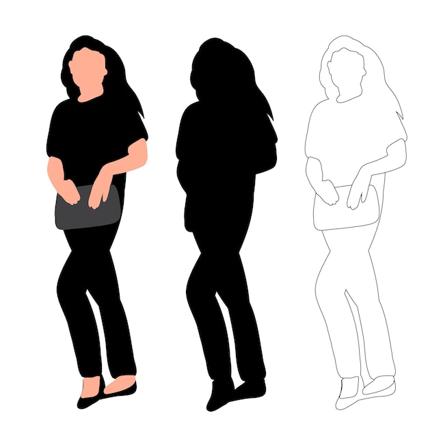 Vector sobre fondo blanco silueta negra de mujer con bolsa