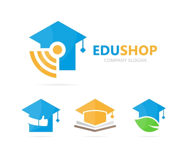 Vector de sombrero de graduado y combinación de logotipo wifi Estudio y símbolo o icono de señal plantilla de diseño de logotipo único de universidad y radio internet