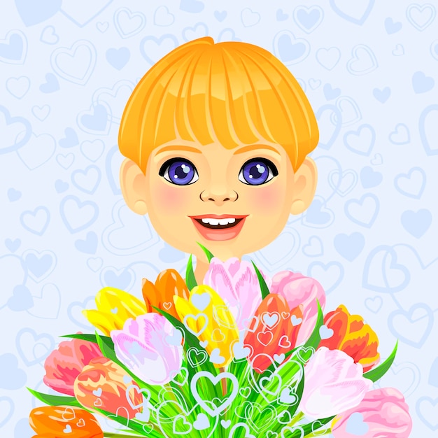 Vector sonriente dulce niño con un festivo ramo de flores