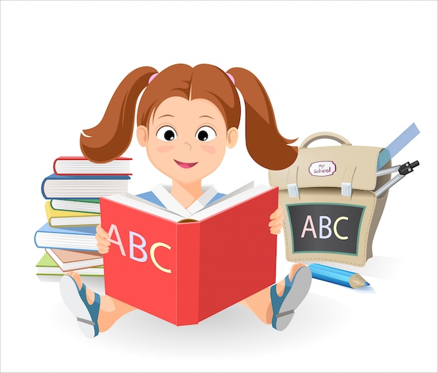 Vector sonriente niña con el libro aprende el alfabeto. una pila de libros. bolsa para la escuela