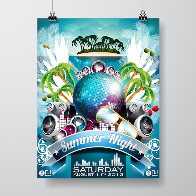 Vector vector summer beach party flyer design con bola de discoteca y alas