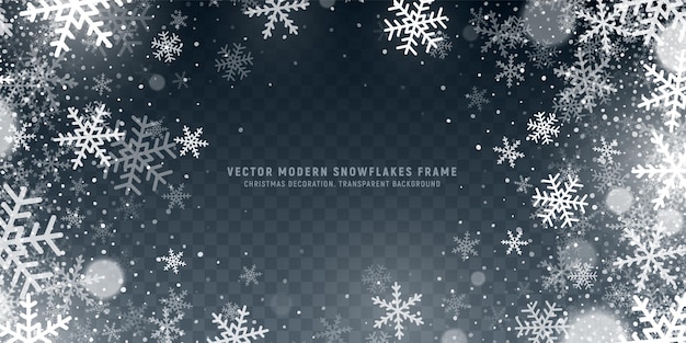 Vector superposición de marco de copos de nieve moderno sobre fondo transparente. Fondo de pantalla ancho abstracto con efecto de nieve de remolino translúcido de decoración de invierno. Tiempo de Navidad Yule Noel y ilustración de arte de Nochevieja