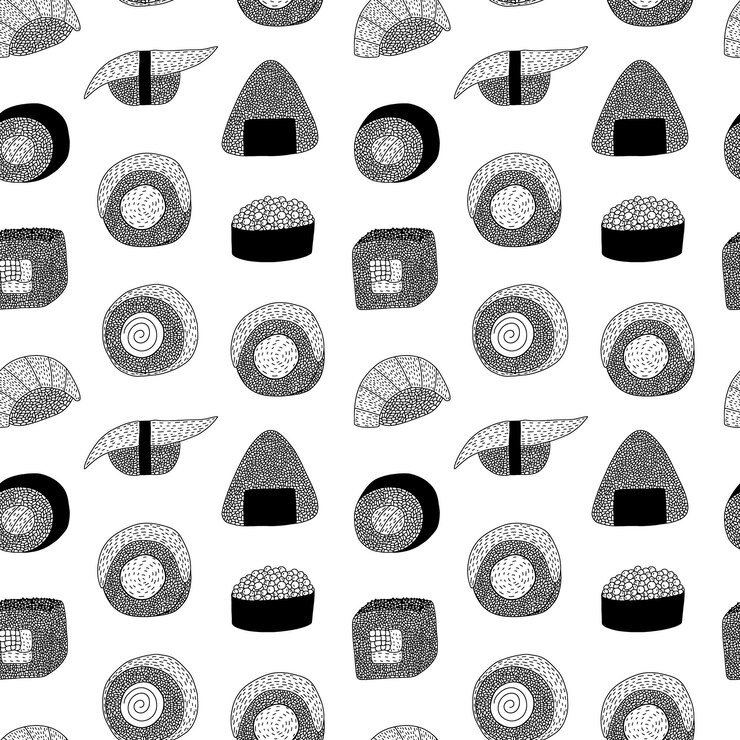 Vector vector sushi y rollos con patrones sin fisuras de pescado impresión de sushi y sashimi dibujado a mano sobre fondo blanco