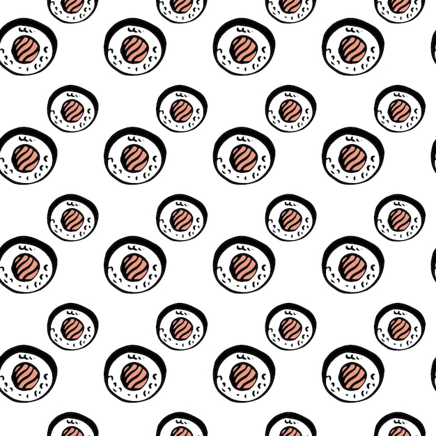 Vector de sushi de salmón maki japonés diseño artístico de línea de patrón sin costuras sobre fondo blanco