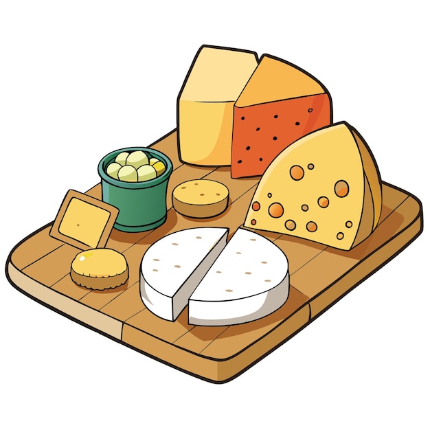 Vector de tabla de queso realista con quesos variados frutas y galletas para diseños de alimentos